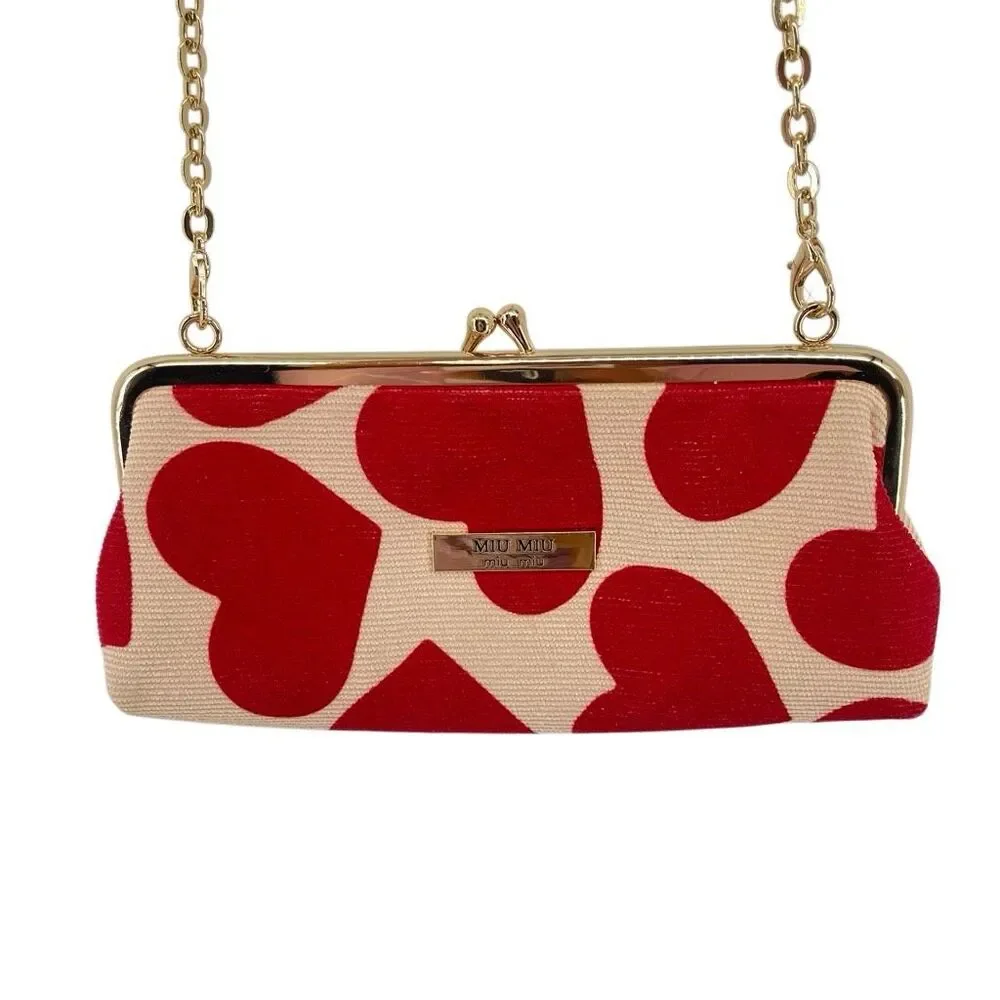 Heart Print Kiss Lock Clutch Crossbody Bag Red Cream Gold Chain Canvas Romantic